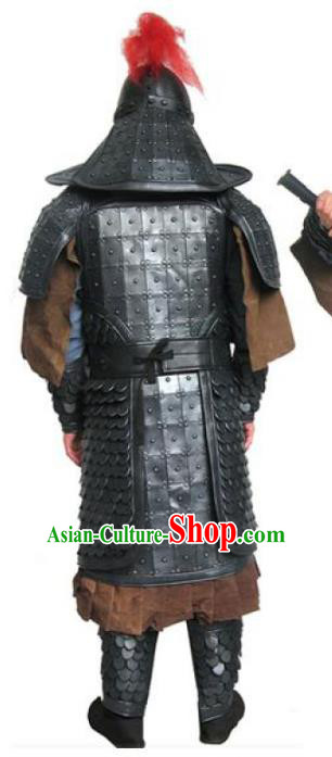 Traditional Chinese Han Dynasty Warrior Black Body Armor Outfits Ancient Film General Armour Costumes and Headwear Full Set