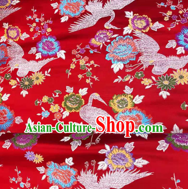 Asian Chinese Traditional Cranes Pattern Design Red Brocade Silk Fabric Tang Suit Tapestry Wedding Dress Satin Material