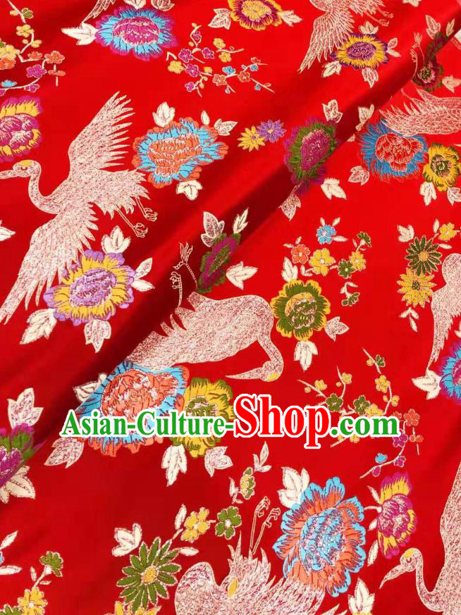 Asian Chinese Traditional Cranes Pattern Design Purplish Red Brocade Silk Fabric Tang Suit Tapestry Wedding Dress Satin Material
