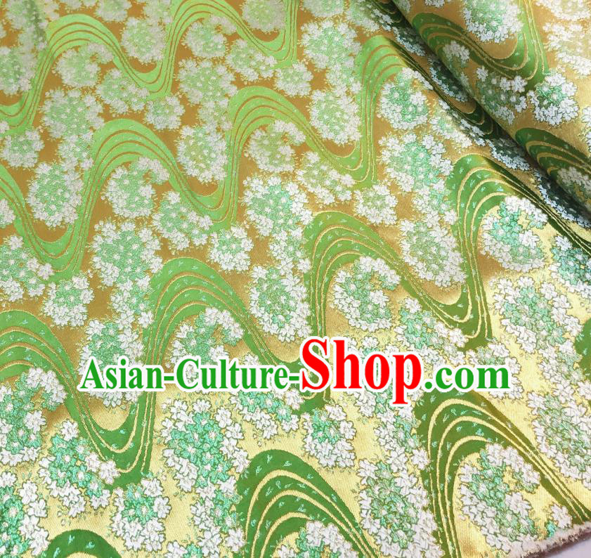 Japanese Traditional Sakura Pattern Design Green Nishijin Brocade Fabric Silk Material Traditional Asian Yamato Kimono Satin Tapestry