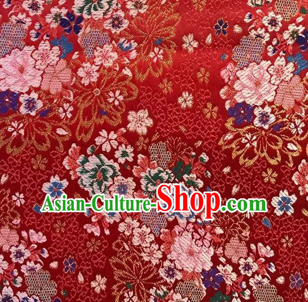 Japanese Traditional Sakura Peony Pattern Design Red Nishijin Brocade Fabric Silk Material Traditional Asian Japan Kimono Satin Tapestry