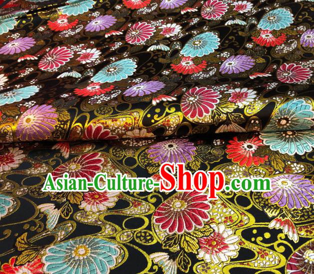 Japanese Traditional Daisy Pattern Design Black Nishijin Brocade Fabric Silk Material Traditional Asian Japan Kimono Satin Tapestry