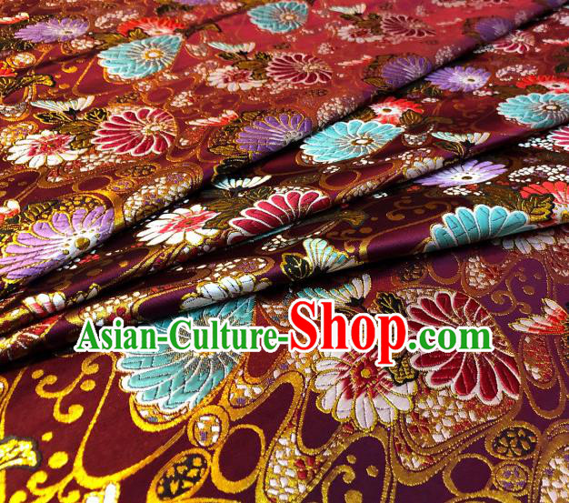 Japanese Traditional Daisy Pattern Design Amaranth Nishijin Brocade Fabric Silk Material Traditional Asian Japan Kimono Satin Tapestry