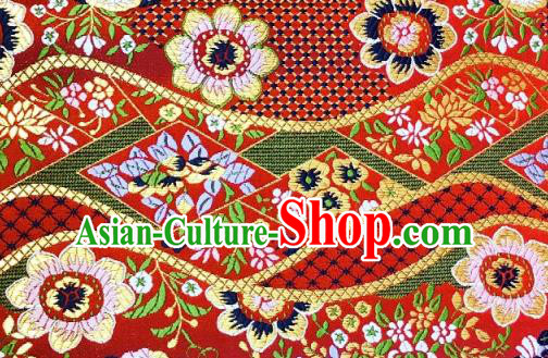 Japanese Traditional Flow Flowers Pattern Design Red Nishijin Brocade Fabric Silk Material Traditional Asian Japan Kimono Dress Satin Tapestry
