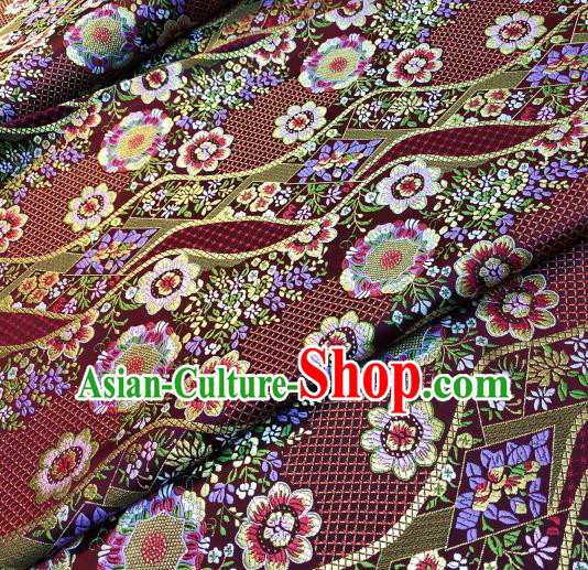 Japanese Traditional Flow Flowers Pattern Design Purplish Red Nishijin Brocade Fabric Silk Material Traditional Asian Japan Kimono Dress Satin Tapestry
