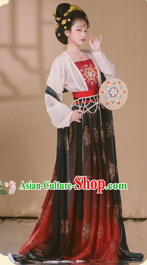 Chinese Ancient Tang Dynasty Court Woman Hanfu Garment Imperial Concubine Black Chiffon Cloak Blouse Camisole and Skirt Costumes Full Set