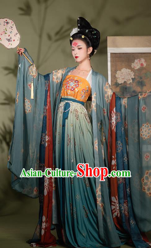 Chinese Ancient Imperial Concubine Hanfu Garment Court Lady Blue Cloak Blouse and Green Dress Tang Dynasty Costumes Full Set