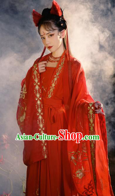 Chinese Ancient Fox Fairy Red Hanfu Garment Costumes Tang Dynasty Court Princess Embroidered Blouse Sun Top and Skirt Full Set