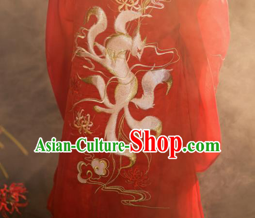 Chinese Ancient Fox Fairy Red Hanfu Garment Costumes Tang Dynasty Court Princess Embroidered Blouse Sun Top and Skirt Full Set