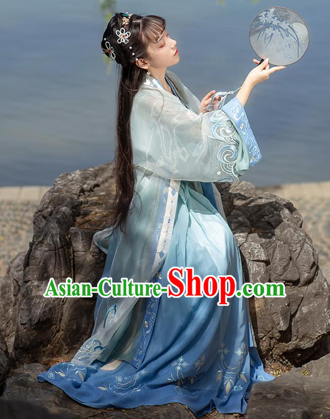 Chinese Ancient Village Girl Hanfu Garment Costumes Song Dynasty Young Lady Embroidered BeiZi Blouse Sun Top and Blue Skirt Full Set