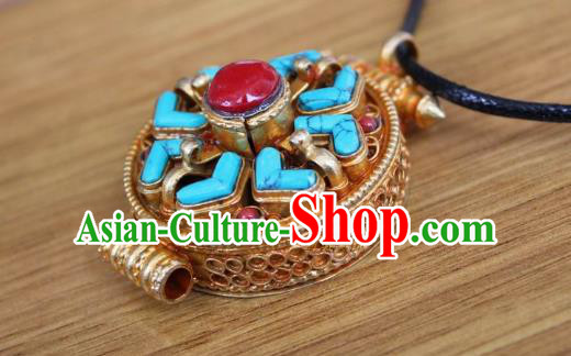 Chinese Traditional Tibetan Nationality Golden Necklet Pendant Decoration Zang Ethnic Handmade Necklace Jewelry Accessories for Women