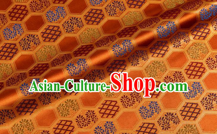 Japanese Traditional Hexagon Daisy Pattern Design Orange Brocade Nishijin Fabric Silk Material Traditional Asian Japan Kimono Tapestry Satin