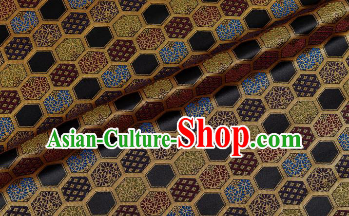 Japanese Traditional Hexagon Daisy Pattern Design Black Brocade Nishijin Fabric Silk Material Traditional Asian Japan Kimono Tapestry Satin