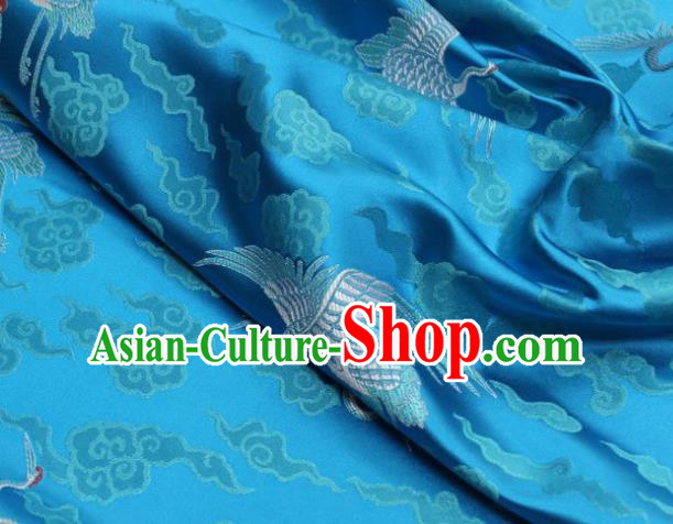 Chinese Classical Cloud Crane Pattern Design Blue Brocade Silk Fabric DIY Satin Damask Asian Traditional Qipao Dress Tapestry Material
