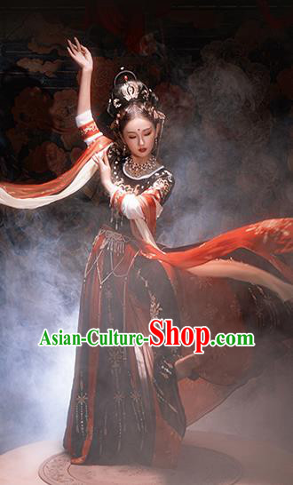 Chinese Ancient Classical Dance Hanfu Garment Costumes Tang Dynasty Palace Lady Black Half Sleeved Top Blouse and Skirt Complete Set