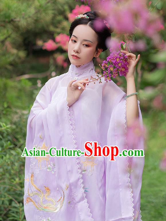 Chinese Ancient Noble Female Hanfu Garment Costumes Ming Dynasty Rich Lady Embroidered Lilac Blouse Sun Top and Skirt Complete Set