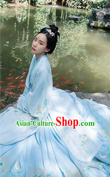 Chinese Ancient Jin Dynasty Noble Woman Embroidered Blue Cape Blouse and Skirt Hanfu Garment Costumes Complete Set