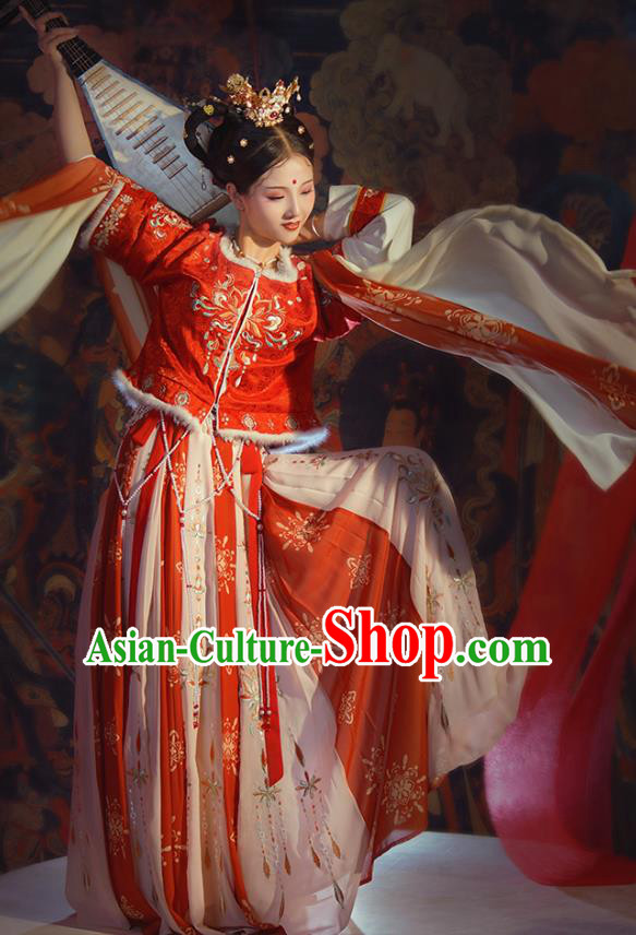 Chinese Ancient Princess Winter Hanfu Garment Costumes Tang Dynasty Red Half Sleeved Top Blouse and Skirt Full Set