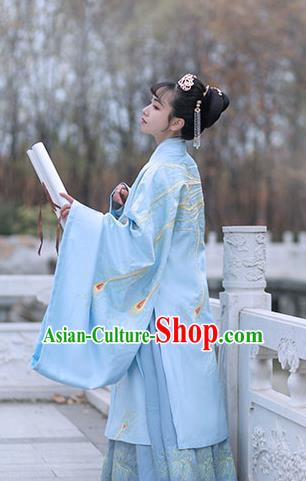 Chinese Ancient Empress Hanfu Garment Costumes Han Dynasty Noble Queen Embroidered Blue Cape Blouse and Skirt Complete Set