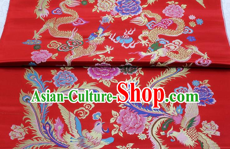 Chinese Wedding Dress Classical Phoenix Dragon Pattern Design Red Nanjing Brocade Asian Traditional Tapestry Material DIY Satin Damask Silk Fabric