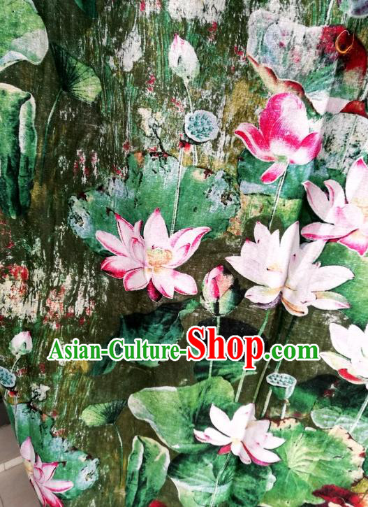 Top Quality Chinese Classical Lotus Pattern Green Flax Material Asian Traditional Curtain Linen Cloth Fabric