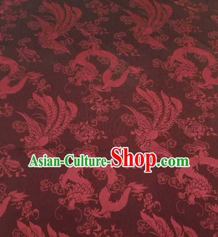 Top Quality Chinese Classical Dragon Phoenix Pattern Dark Red Silk Material Traditional Asian Hanfu Dress Jacquard Cloth Traditional Satin Fabric