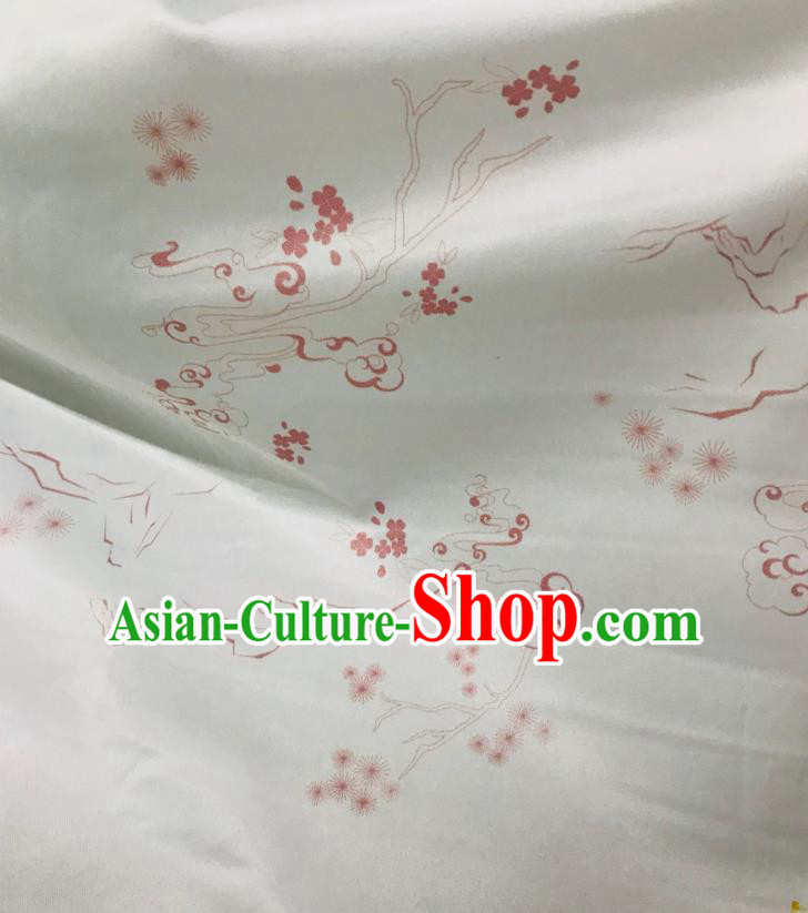 Chinese Hanfu Dress Traditional Plum Pine Pattern Design White Satin Fabric Silk Material Traditional Asian Chiffon Tapestry