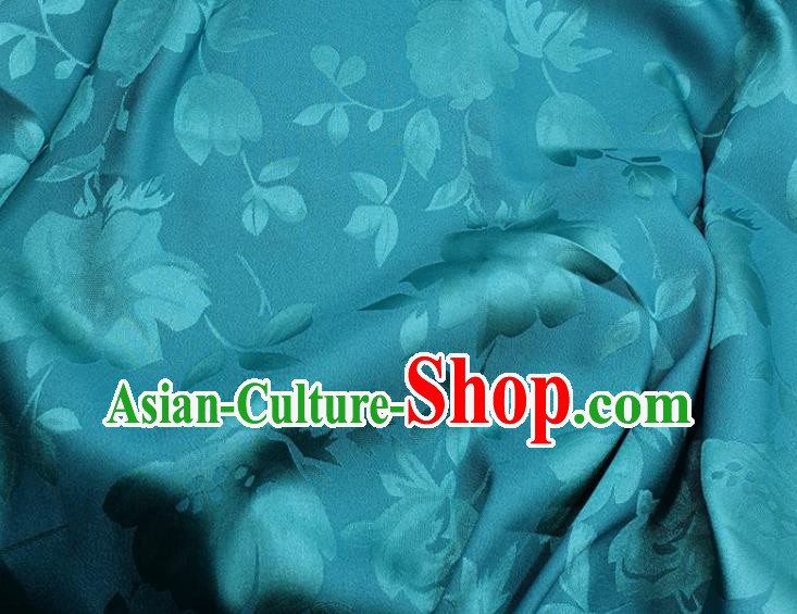 Chinese Traditional Camellia Pattern Design Lake Blue Satin Fabric Silk Material Traditional Asian Hanfu Dress Cloth Tapestry