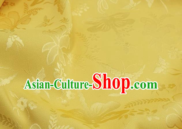 Chinese Hanfu Dress Traditional Butterfly Dragonfly Pattern Design Yellow Satin Fabric Silk Material Traditional Asian Cloth Tapestry