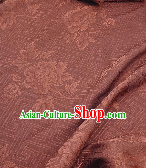 Chinese Traditional Peony Pattern Design Brownish Red Satin Fabric Traditional Asian Hanfu Dress Cloth Tapestry Silk Material