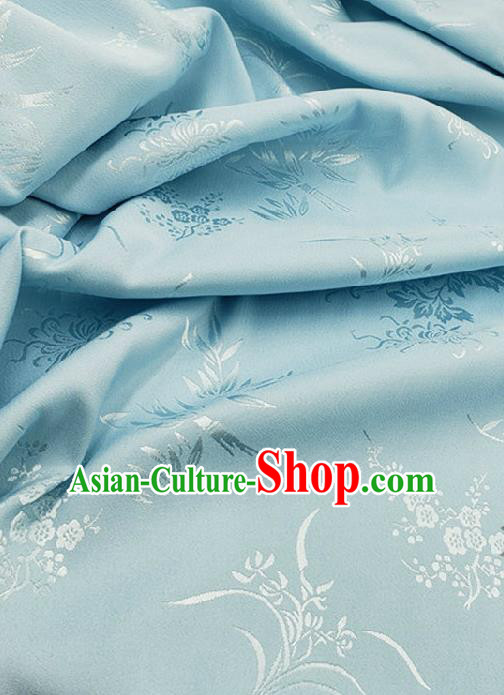 Chinese Traditional Plum Orchid Bamboo Chrysanthemum Pattern Design Light Blue Satin Fabric Traditional Asian Hanfu Dress Cloth Tapestry Jacquard Silk Material