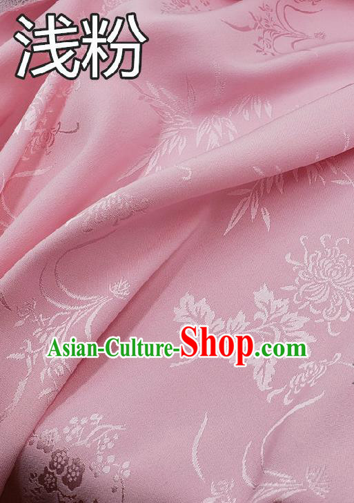 Chinese Traditional Plum Orchid Bamboo Chrysanthemum Pattern Design Light Pink Satin Fabric Traditional Asian Hanfu Dress Cloth Tapestry Jacquard Silk Material