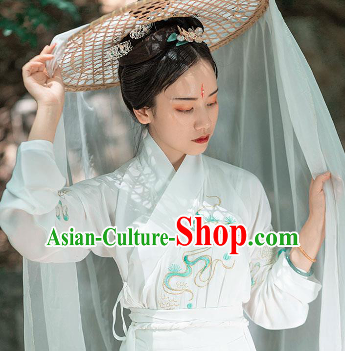 Chinese Ancient Jin Dynasty Imperial Consort Costumes Traditional Hanfu Garment Embroidered White Cape Blouse and Skirt Full Set