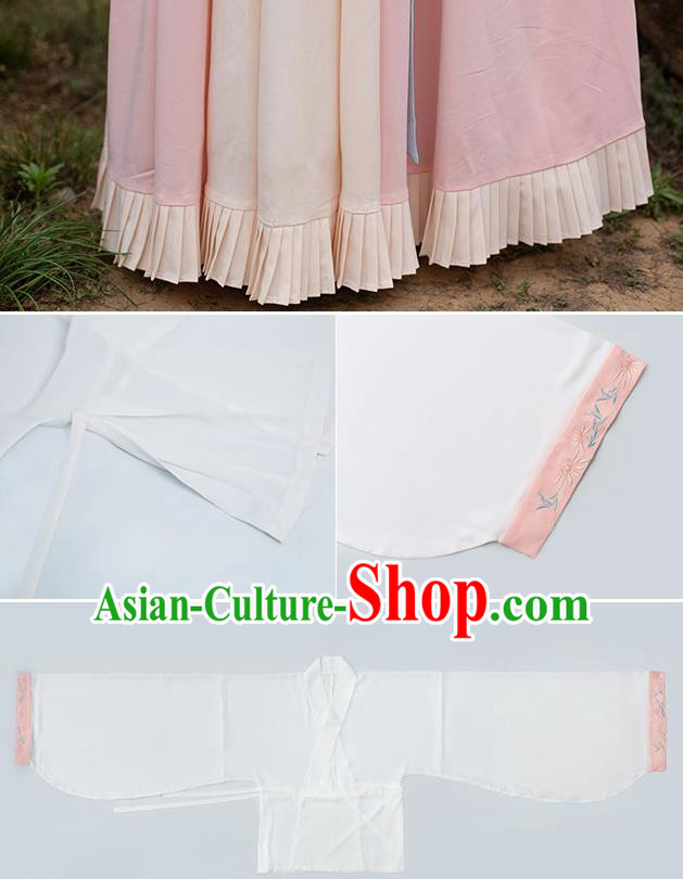 Chinese Ancient Young Lady Hanfu Garment Traditional Jin Dynasty Costumes Half Sleeved Top Blouse and Beige Skirt Full Set