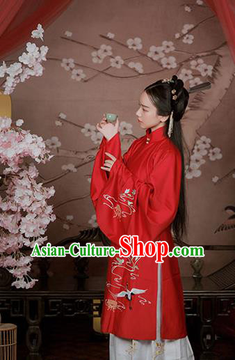 Chinese Ancient Noble Lady Hanfu Garment Traditional Ming Dynasty Embroidered Red Blouse and White Skirt Costumes Full Set