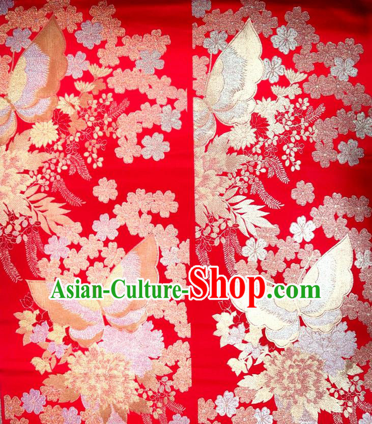 Top Quality Japanese Classical Butterfly Pattern Red Satin Material Asian Traditional Brocade Kimono Belt Nishijin Cloth Fabric