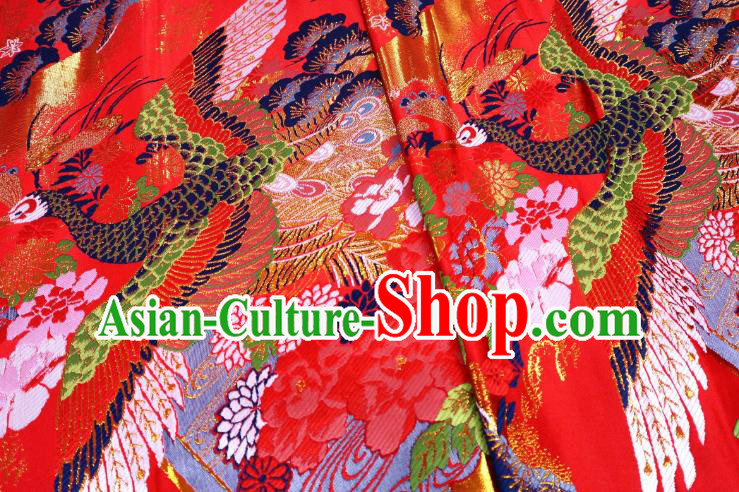 Top Quality Japanese Classical Phoenix Peony Pattern Red Satin Material Asian Traditional Brocade Kimono Belt Nishijin Cloth Fabric