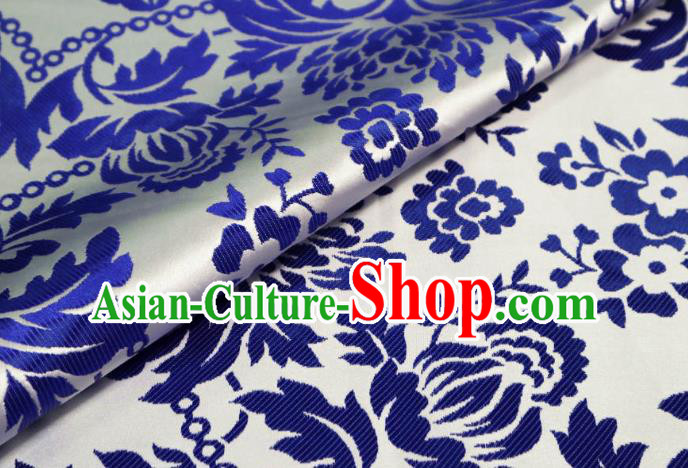Chinese Classical Blue Flowers Pattern Design White Brocade Cheongsam Fabric Asian Traditional Tapestry Satin Material DIY Imperial Cloth Damask