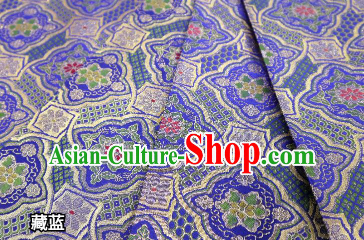 Top Quality Japanese Classical Cushaw Flower Pattern Blue Satin Material Asian Traditional Brocade Kimono Belt Nishijin Cloth Fabric
