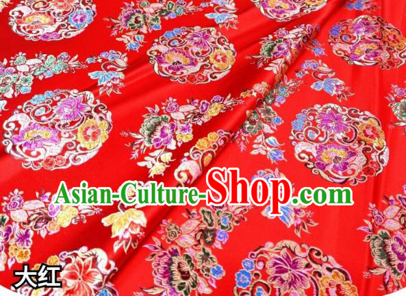 Chinese Classical Round Flowers Pattern Design Red Nanjing Brocade Cheongsam Fabric Asian Traditional Tapestry Satin Material DIY Wedding Cloth Damask