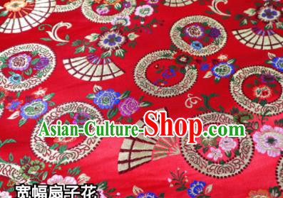 Top Quality Japanese Classical Fan Flowers Pattern Red Tapestry Satin Material Asian Traditional Brocade Kimono Nishijin Cloth Fabric