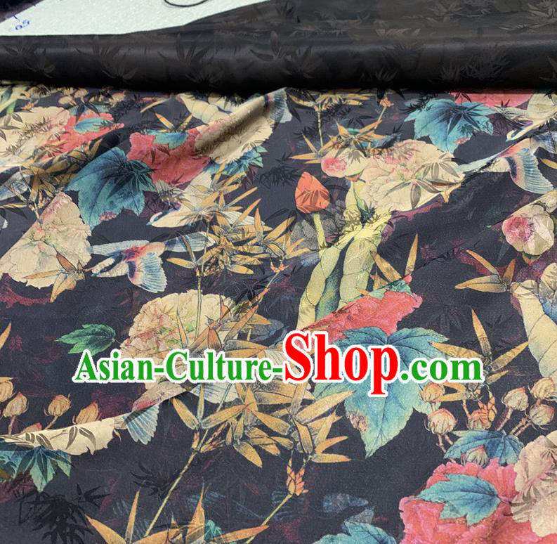 Chinese Classical Bamboo Peony Pattern Black Watered Gauze Asian Top Quality Silk Material Hanfu Dress Fabric Cloth Cheongsam Brocade