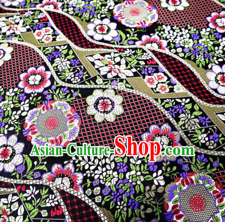 Japanese Traditional Black Brocade Cloth Kimono Belt Classical Flowers Pattern Tapestry Satin Material Asian Top Quality Nishijin Fabric