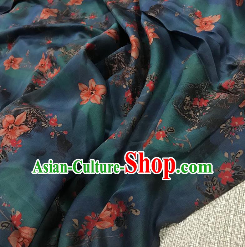 Chinese Classical Peach Blossom Pattern Dark Green Watered Gauze Asian Top Quality Silk Material Cloth Hanfu Dress Fabric