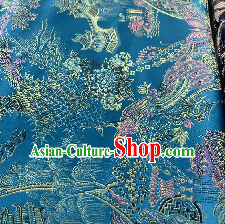 Chinese Cheongsam Classical Phoenix Pattern Design Blue Song Brocade Fabric Asian Traditional Tapestry Satin Material DIY Court Cloth Damask