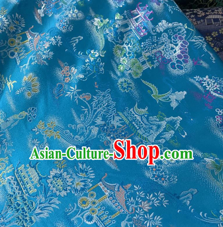 Chinese Cheongsam Classical Scenery Pattern Design Light Blue Song Brocade Fabric Asian Traditional Tapestry Satin Material DIY Court Cloth Damask
