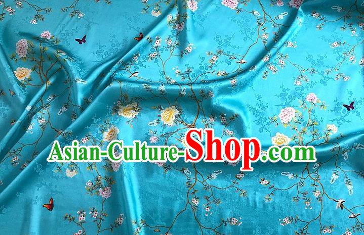 Chinese Classical Hibiscus Pattern Teal Watered Gauze Asian Top Quality Silk Material Hanfu Dress Brocade Cheongsam Cloth Fabric