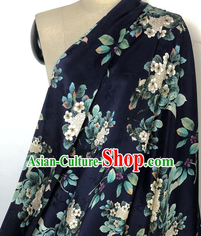 Chinese Classical Waxberry Flowers Pattern Navy Watered Gauze Asian Top Quality Silk Material Hanfu Dress Brocade Cheongsam Cloth Fabric