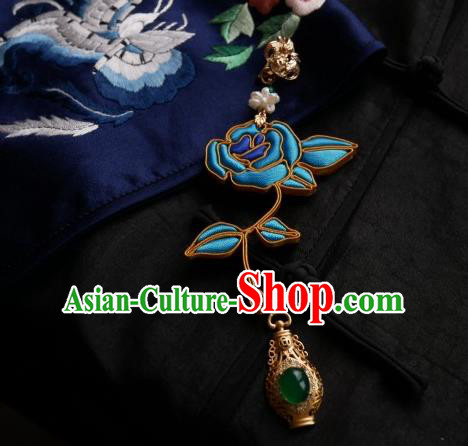 Chinese Classical Cheongsam Blue Rose Brooch Traditional Hanfu Accessories Handmade Jade Breastpin for Women