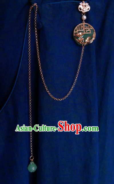 Chinese Classical Cheongsam Jade Brooch Traditional Hanfu Accessories Handmade Golden Tassel Breastpin Pendant for Women
